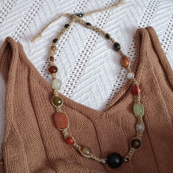 Multicolor Beaded Necklace Linen And Stones - Picture 4 of 4